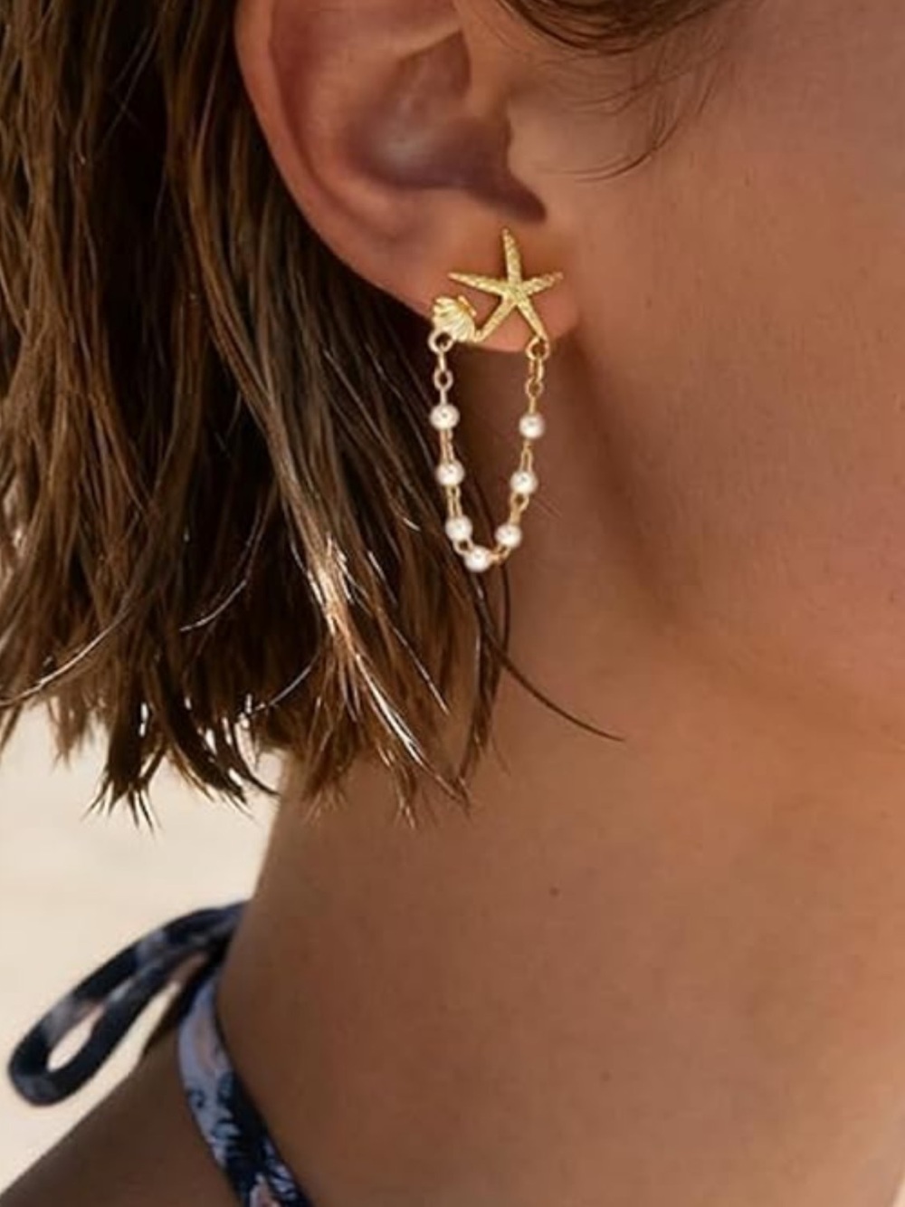 Gold Starfish Pearl Coastal Drop Earrings